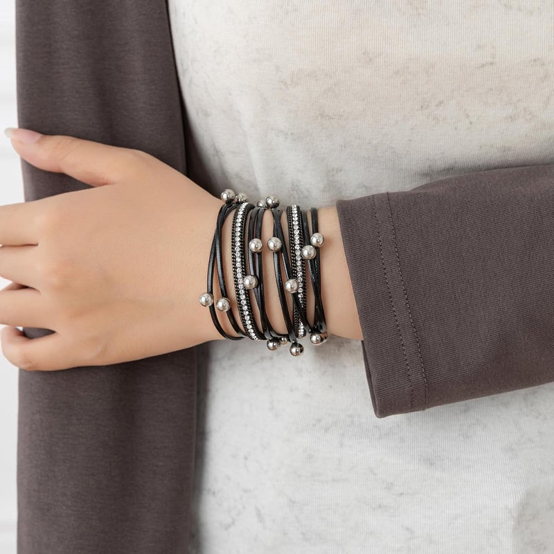 Rantanto Braid Leather Wrap Bracelet Trendy Stackable Crystal Cuff Boho Gold Heart Bracelet Jewelry Gift For Women - Image 3